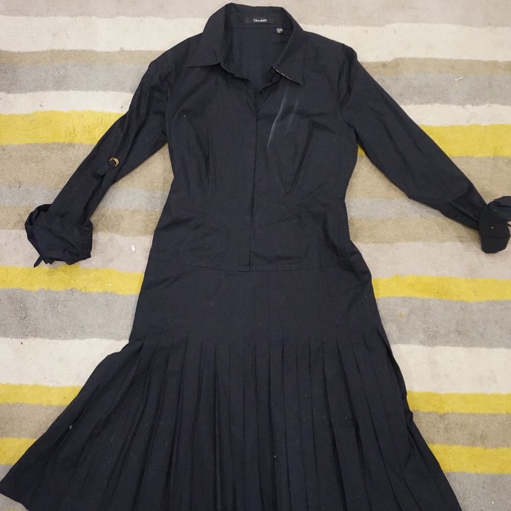 Tahari Black Long-Sleeve Pleated Shirt Dress